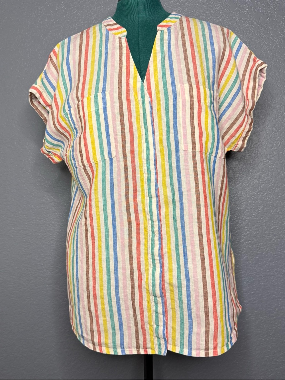 Boden 100% Linen Striped Blouse Multicolor Short Sleeve Relaxed Fit Size 18